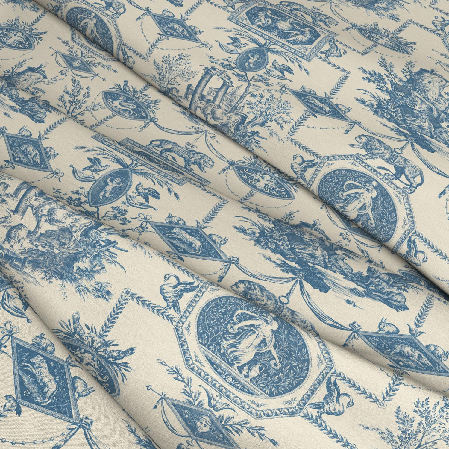 Lion Toile Navy Linen Mix Fabric | Warner House